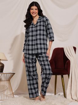 Clovia - Women Navy Blue Checks Shirt and Pyjama