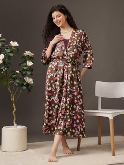 Clovia - Women Wine Floral Satin Nighty and Robe