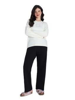 Zivame - Women Knit Cotton Off White Graphic Swetshirt & Pyjama