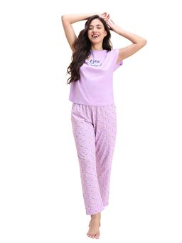 Zivame - Women Knit Cotton Lavender Printed T-shirt & Pyjama