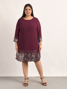 Attic Salt - Curves Wine Solid Sunrise Sequin Dress