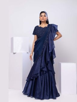 SMRITI - Nova Blue Pre-Draped Saree with Stitched Blouse
