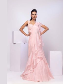 SMRITI - Nova Pink Pre-Draped Saree with Stitched Blouse