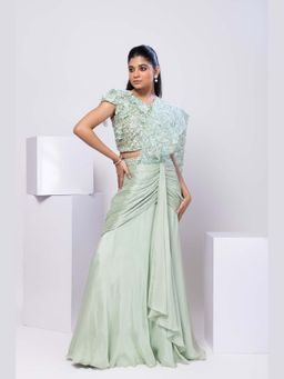 SMRITI - Romantic Green Pearl Embellished Pre-Draped Saree with Stitched Blouse