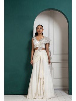 SMRITI - Romantic Pearl Embellished Pre-Draped Saree with Stitched Blouse