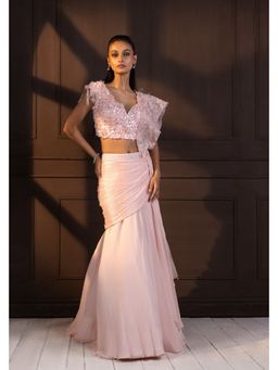 SMRITI - Romantic Rose Embellished Pre-Draped Saree with Stitched Blouse