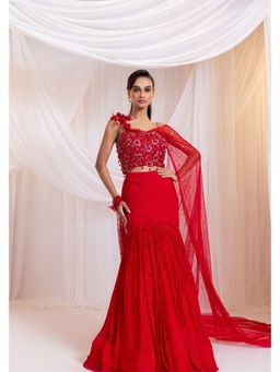 SMRITI - Crimson Gleam Pre-Draped Saree with Stitched Blouse