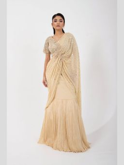 SMRITI - Gold Goddess Pre-Draped Saree with Stitched Blouse
