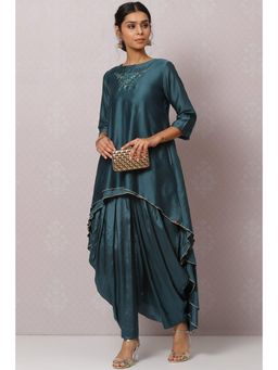 Biba - Teal Flared Cotton Silk Fusion Wear 2 Piece Set (Set of 2)