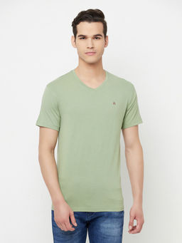 CRIMSOUNE CLUB - Men Olive Solid V-neck T-shirt