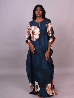 Azurina - Navy Blue Cotton Floral Kaftan