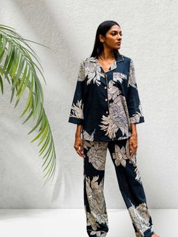 Azurina - Black Pure Cotton Floral Top and Pant