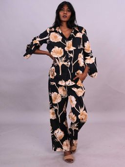 Azurina - Black Pure Cotton Floral Top and Pant