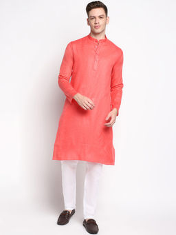 Devoiler - Men Self Design Coral Cotton Kurta