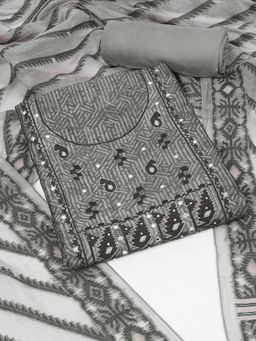 Kami Kubi - Grey Printed Mirror Work Unstitched Kurta with Bottom and Dupatta