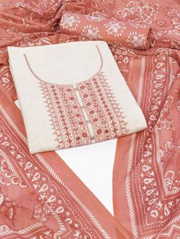 Kami Kubi - Peach-Off White Cotton Embroidered Unstitched Kurta with Bottom and Dupatta