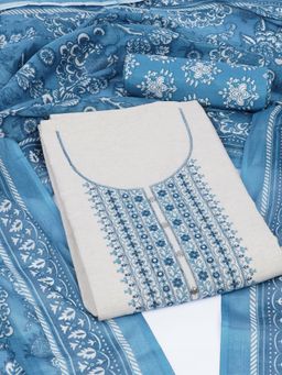 Kami Kubi - Blue-Off White Cotton Embroidered Unstitched Kurta with Bottom and Dupatta