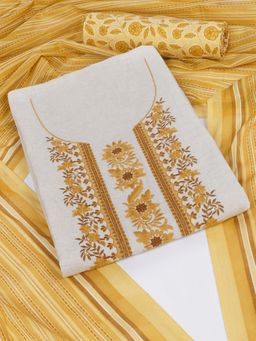 Kami Kubi - Yellow-Off White Cotton Floral Embroidered Unstitched Kurta with Bottom and Dupatta