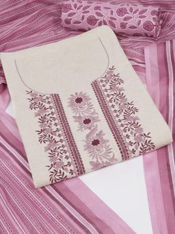 Kami Kubi - Pink-Off White Cotton Floral Embroidered Unstitched Kurta with Bottom and Dupatta