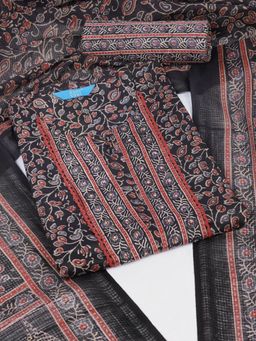 Kami Kubi - Black Floral Printed Unstitched Kurta with Bottom and Dupatta