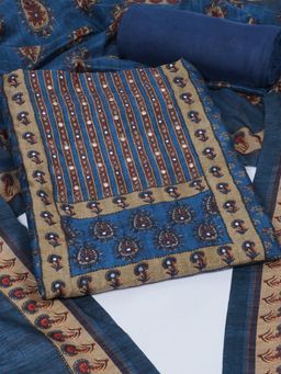 Kami Kubi - Blue Floral Printed-Mirror Work Unstitched Kurta with Bottom and Dupatta