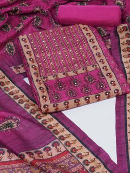 Kami Kubi - Pink Floral Printed-Mirror Work Unstitched Kurta with Bottom and Dupatta