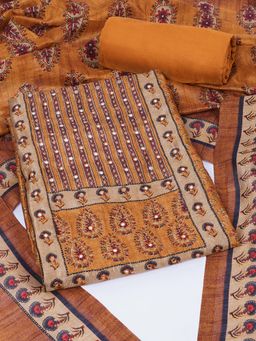 Kami Kubi - Mustard Floral Printed-Mirror Work Unstitched Kurta with Bottom and Dupatta