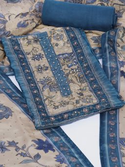 Kami Kubi - Blue Floral Printed Pearl Work Unstitched Kurta with Bottom and Dupatta