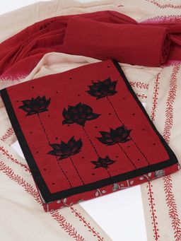 Kami Kubi - Red Floral Hand Embroidery Unstitched Kurta with Bottom and Dupatta