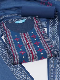 Kami Kubi - Blue Printed Embroidered Unstitched Kurta with Bottom and Dupatta