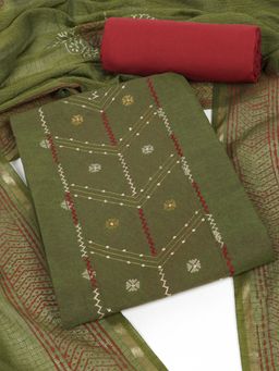 Kami Kubi - Olive Handloom Sequined Unstitched Kurta with Bottom and Dupatta