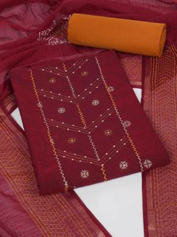 Kami Kubi - Maroon Handloom Sequined Unstitched Kurta with Bottom and Dupatta
