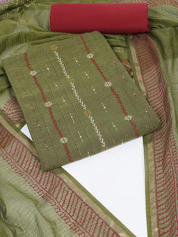 Kami Kubi - Olive Handloom Thread Work Unstitched Kurta with Bottom and Dupatta