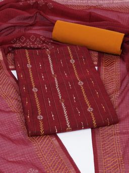 Kami Kubi - Maroon Handloom Thread Work Unstitched Kurta with Bottom and Dupatta