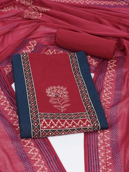 Kami Kubi - Navy Blue Floral Printed Sequined Unstitched Kurta with Bottom and Dupatta