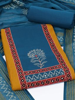 Kami Kubi - Yellow Floral Printed Sequined Unstitched Kurta with Bottom and Dupatta