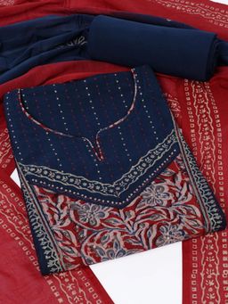 Kami Kubi - Navy Blue Floral Printed Sequined Unstitched Kurta with Bottom and Dupatta