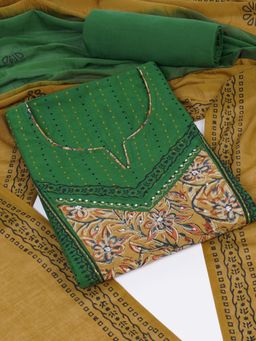Kami Kubi - Green Floral Printed Sequined Unstitched Kurta with Bottom and Dupatta