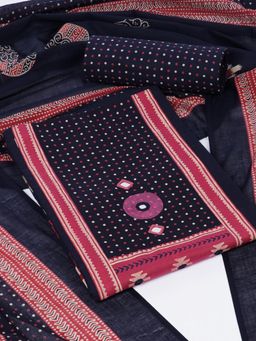 Kami Kubi - Navy Blue Polka Dot Mirror Work Unstitched Kurta with Bottom and Dupatta