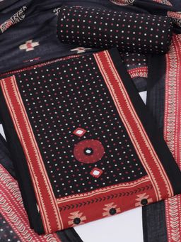Kami Kubi - Black Polka Dot Mirror Work Unstitched Kurta with Bottom and Dupatta