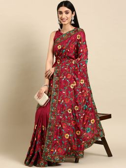 VAIRAGEE - Maroon Dolla Silk and Kashmiri Work Saree with Unstitched Blouse