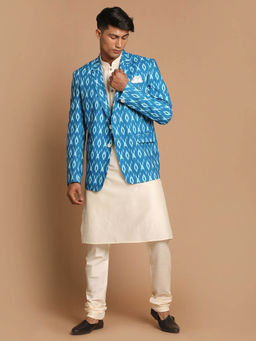 Vastramay - Mens Turquoise Cream Viscose Kurta and Pyjama with Blazer (Set of 3)
