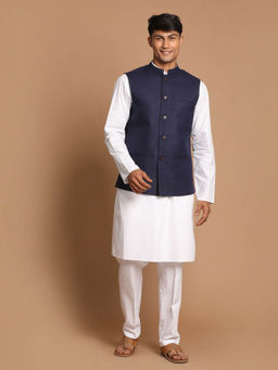 Vastramay - Mens Navy Blue with White Pure Cotton Jacket Kurta and Pyjama (Set of 3)