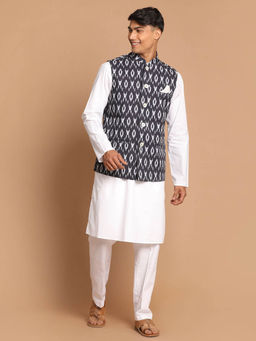 Vastramay - Mens Black with White Pure Cotton Jacket Kurta and Pyjama (Set of 3)
