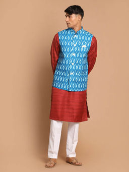 Vastramay - Mens Maroon Turquoise with White Cotton Blend Jacket Kurta and Pyjama (Set of 3)