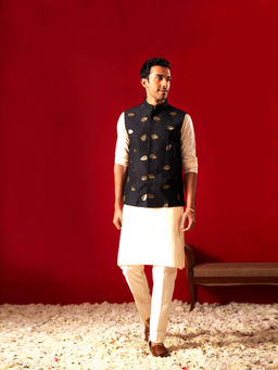 Vastramay - Mens Cream Viscose Jacket Kurta and Pyjama (Set of 3)