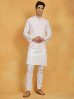 Vastramay - Mens White with Pink Cotton Silk Jacket Kurta and Pyjama (Set of 3)