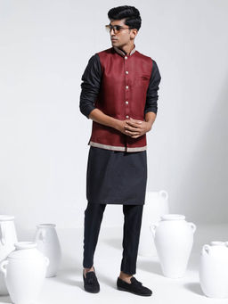 Vastramay - Mens Maroon with Black Cotton Silk Jacket Kurta and Pyjama (Set of 3)