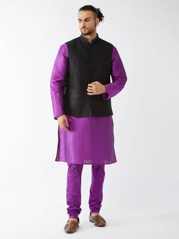 Vastramay - Mens Purple Black Silk Blend Jacket Kurta and Pyjama (Set of 3)