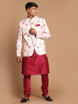 Vastramay - Mens Maroon Poly Viscose Ethnic Jacket Kurta and Pyjama (Set of 3)
